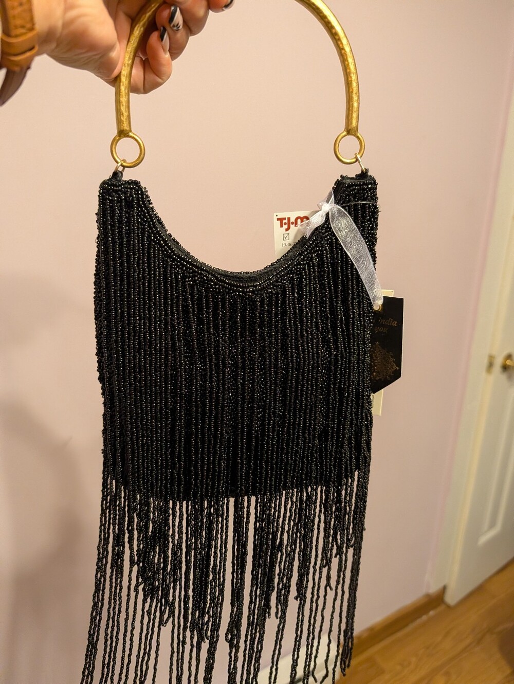 Black Beaded Fringe Evening Bag with Gold Handle